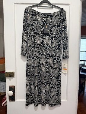 ABS Allen Schwartz Black & White Leaf-Print Midi Dress